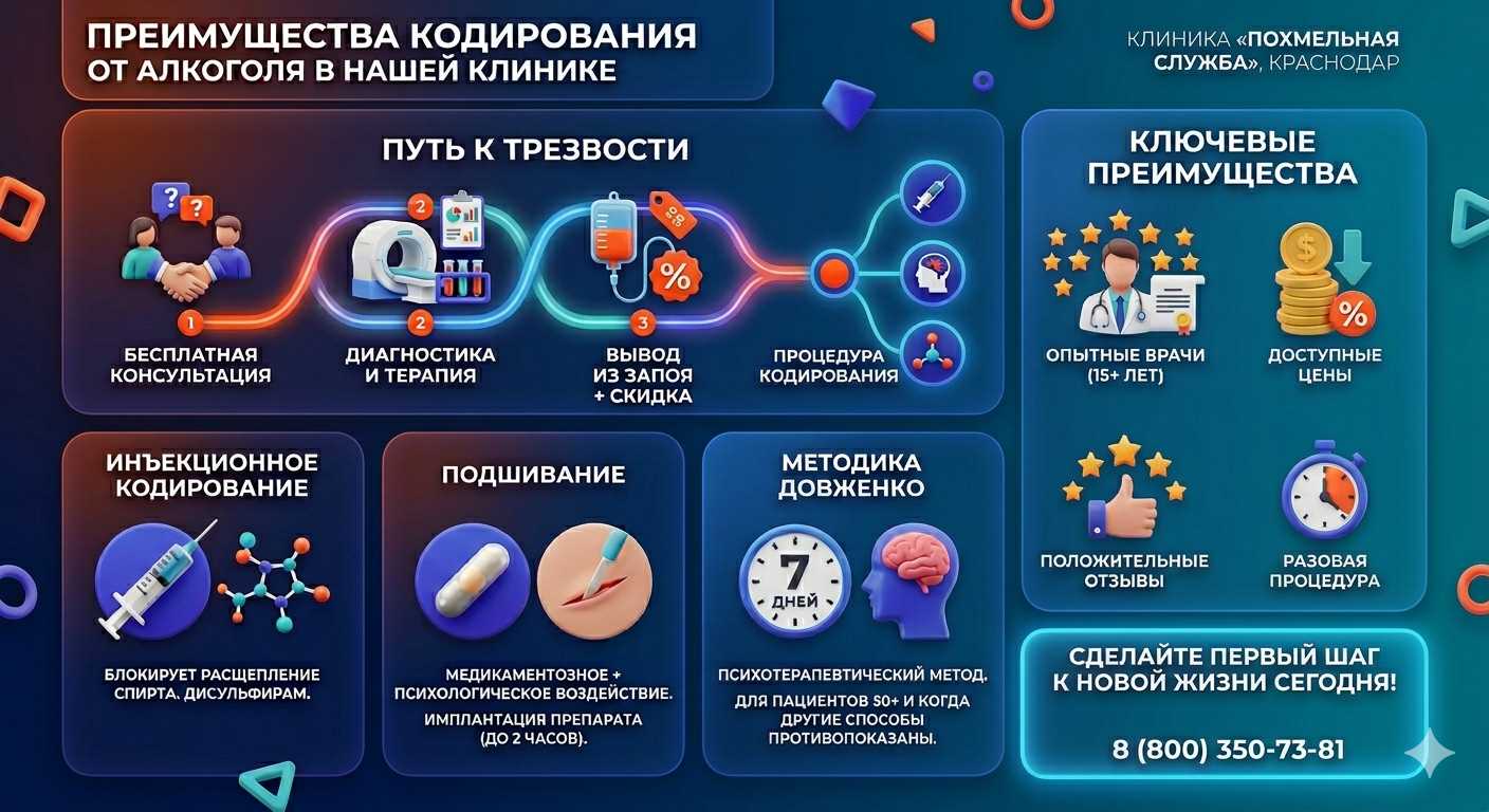 Инфографика о методах кодирования от алкоголя в Богородицке: инъекции, подшивание, метод Довженко. Преимущества клиники и этапы лечения.