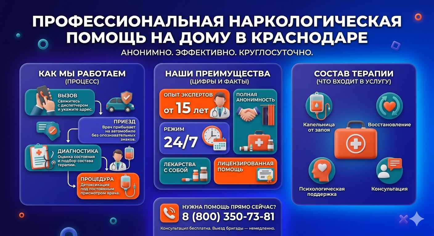 Инфографика о принципах лечения алкоголизма на дому в Богородицке: этапы вызова нарколога, преимущества анонимной детоксикации и состав медицинской помощи.
